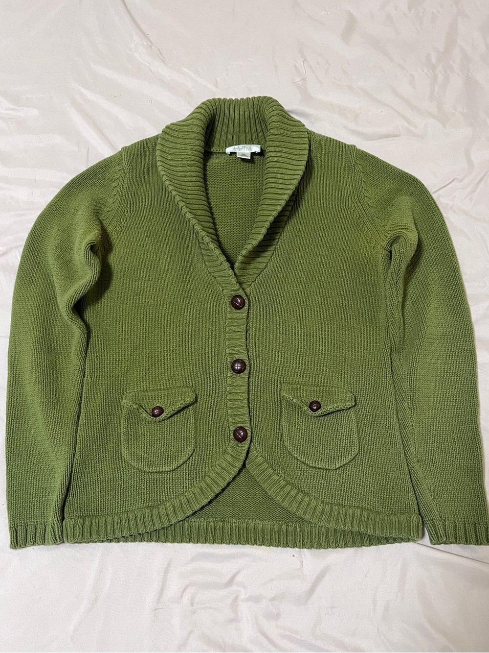 Ann Taylor LOFT Olive Green Shawl Collar Button-Front Cardigan